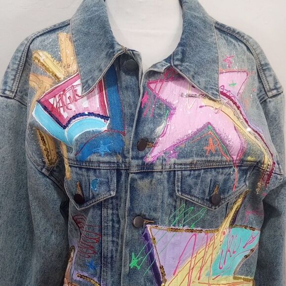 Vintage 80's Sportdeco Diner Acid Wash Hand Painted Embellished Denim Jacket - M - Picture 4 of 13